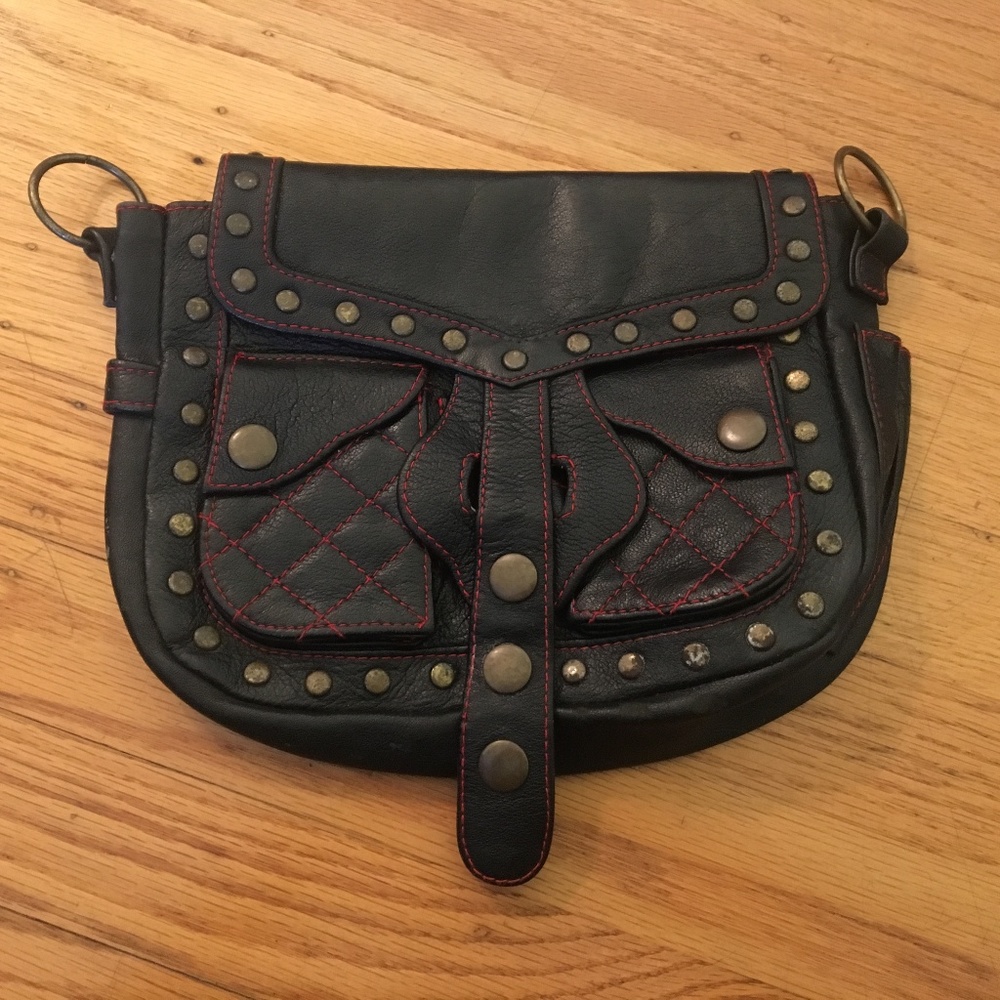 Black Leather Belt Pouch with Red Accent Stitching